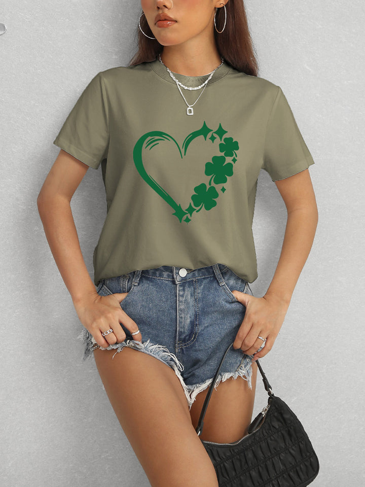 Heart Lucky Clover Round Neck Short Sleeve T-Shirt | Trendsi