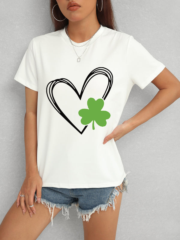 Heart Lucky Clover Short Sleeve T-Shirt | Trendsi