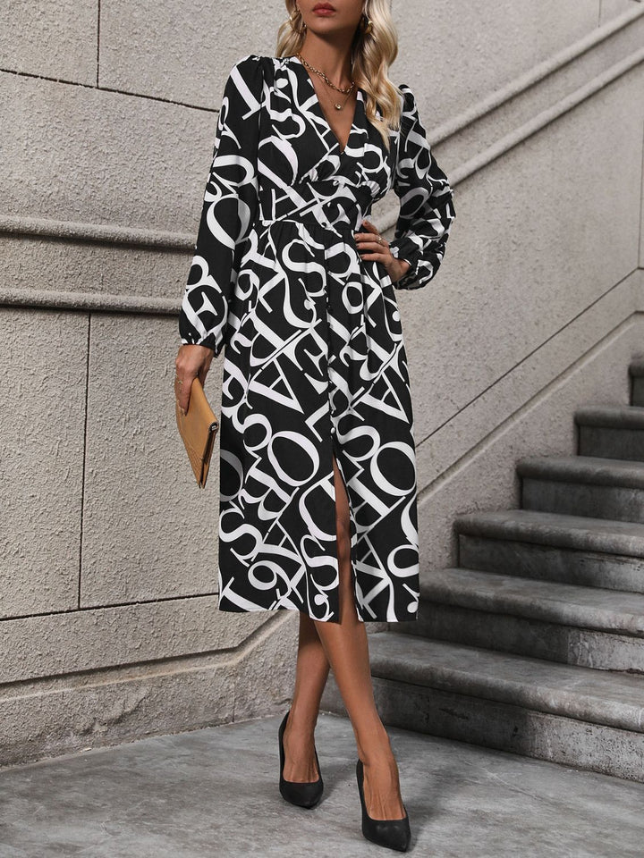 Printed V-Neck Long Sleeve Midi Dress | Trendsi