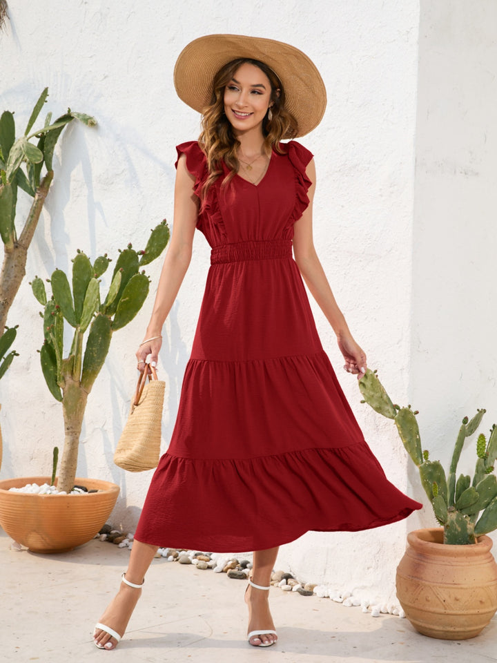 Tiered Ruffled V-Neck Cap Sleeve Dress | Trendsi