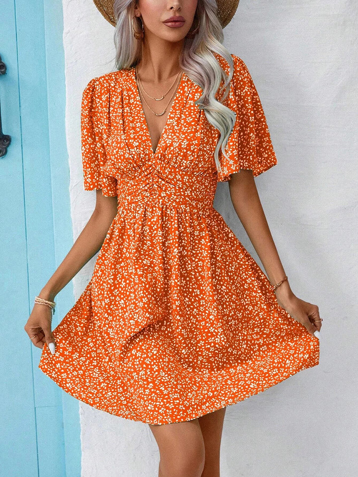 Printed V-Neck Half Sleeve Mini Dress | Trendsi