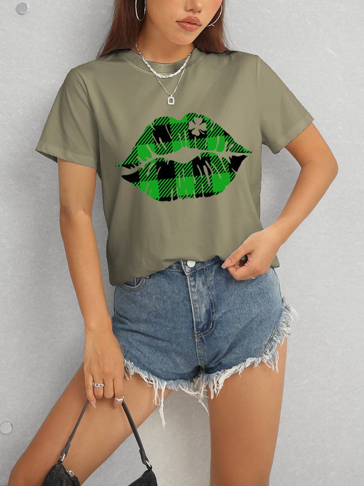 Plaid Lip Graphic Round Neck T-Shirt | Trendsi