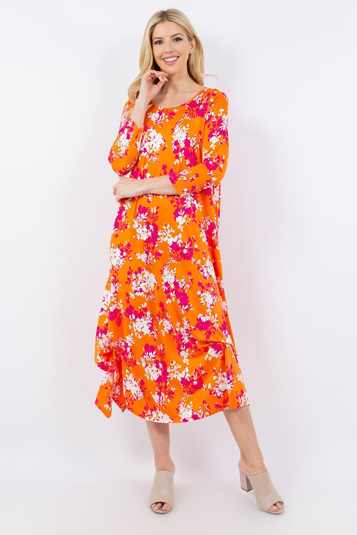 Celeste Full Size Pick-Up Hem Asymmetric Floral Midi Dress | Trendsi