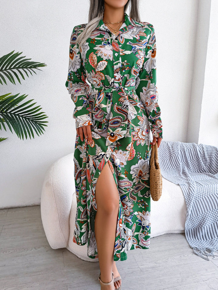 Tied Printed Long Sleeve Midi Dress | Trendsi