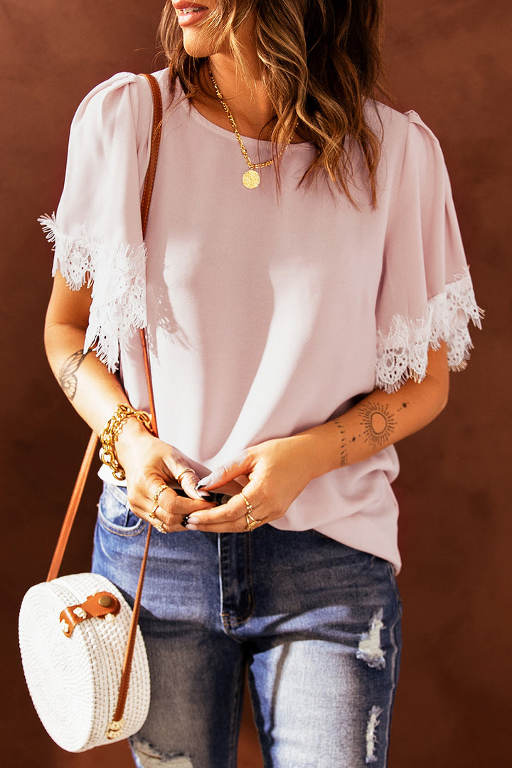 Lace Trim Flutter Sleeve Blouse | Trendsi