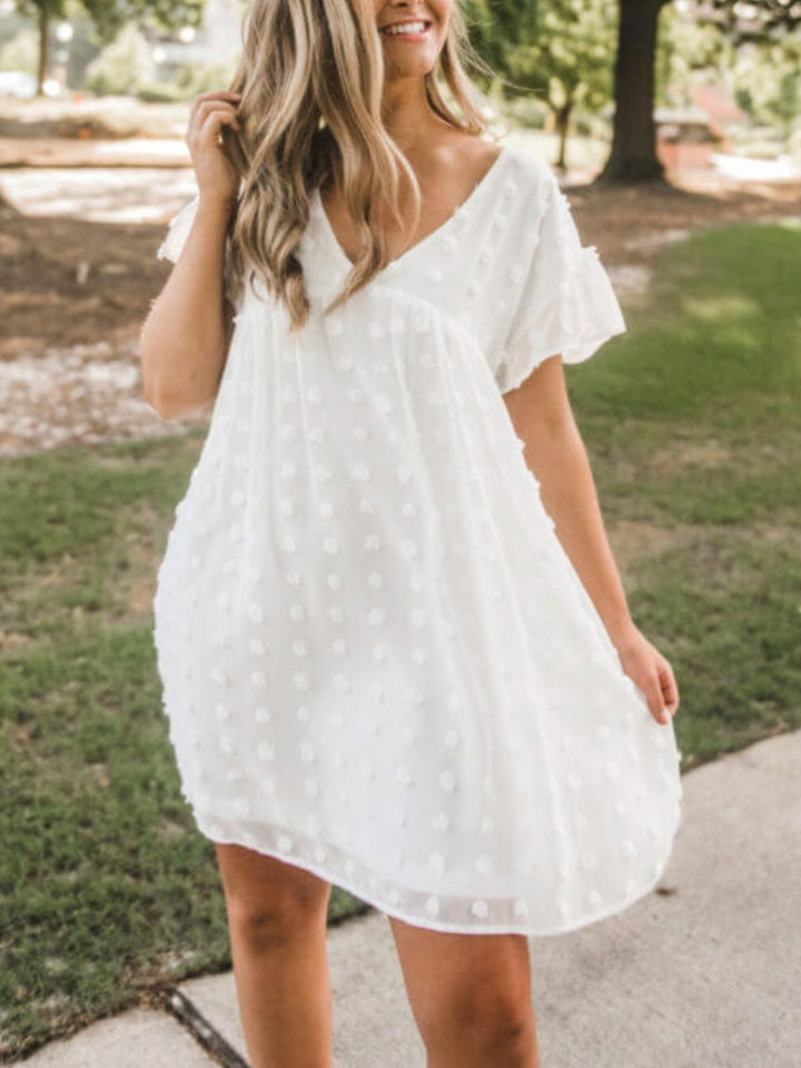 Swiss Dot V-Neck Short Sleeve Mini Dress | Trendsi