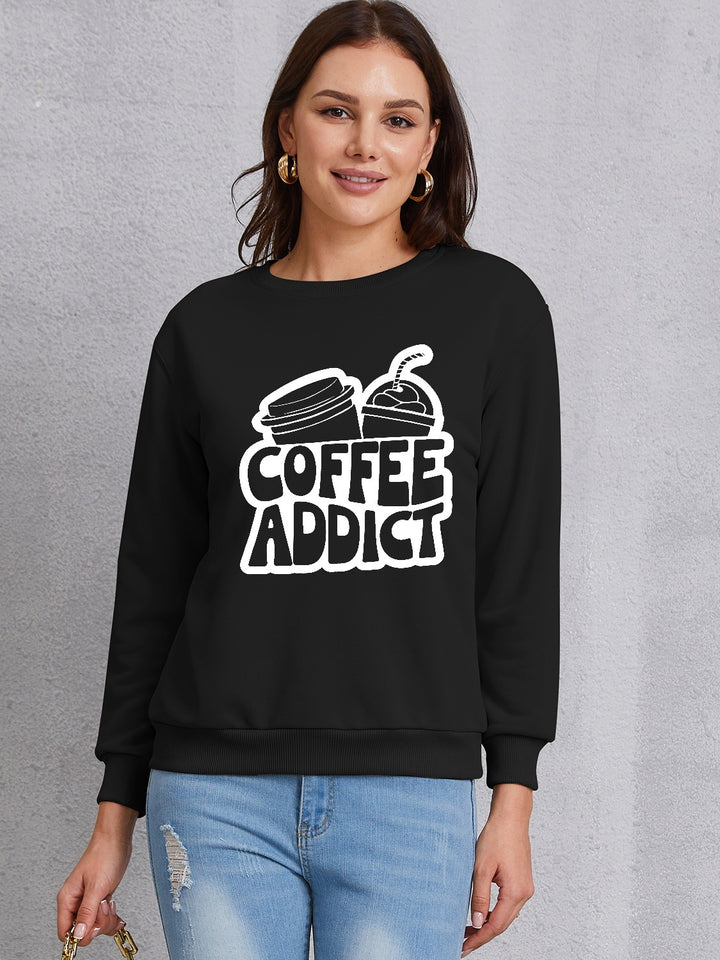 COFFEE ADDICT Round Neck Dropped Shoulder Sweatshirt | Trendsi