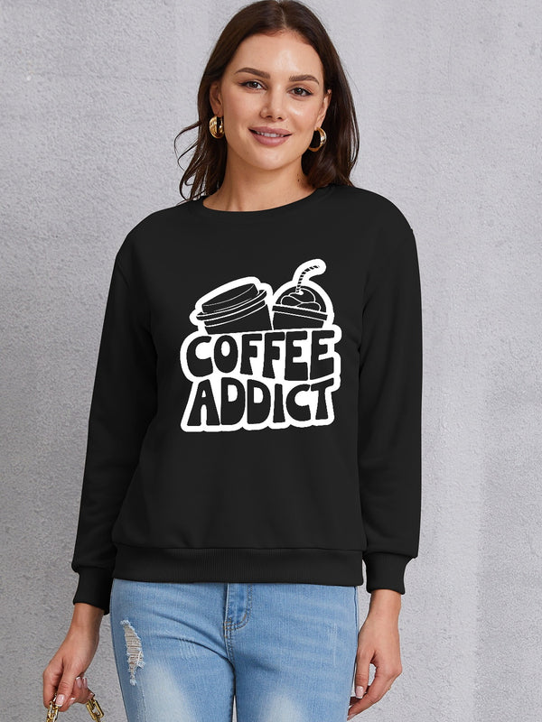 COFFEE ADDICT Round Neck Dropped Shoulder Sweatshirt | Trendsi