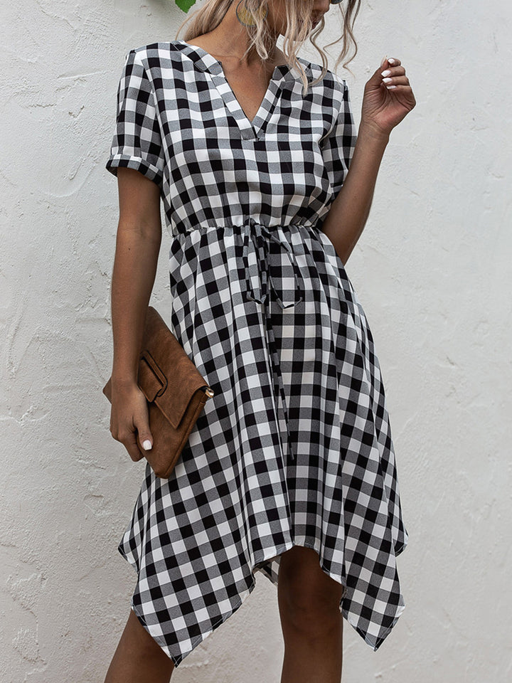 Plaid Notched Short Sleeve Dress | Trendsi