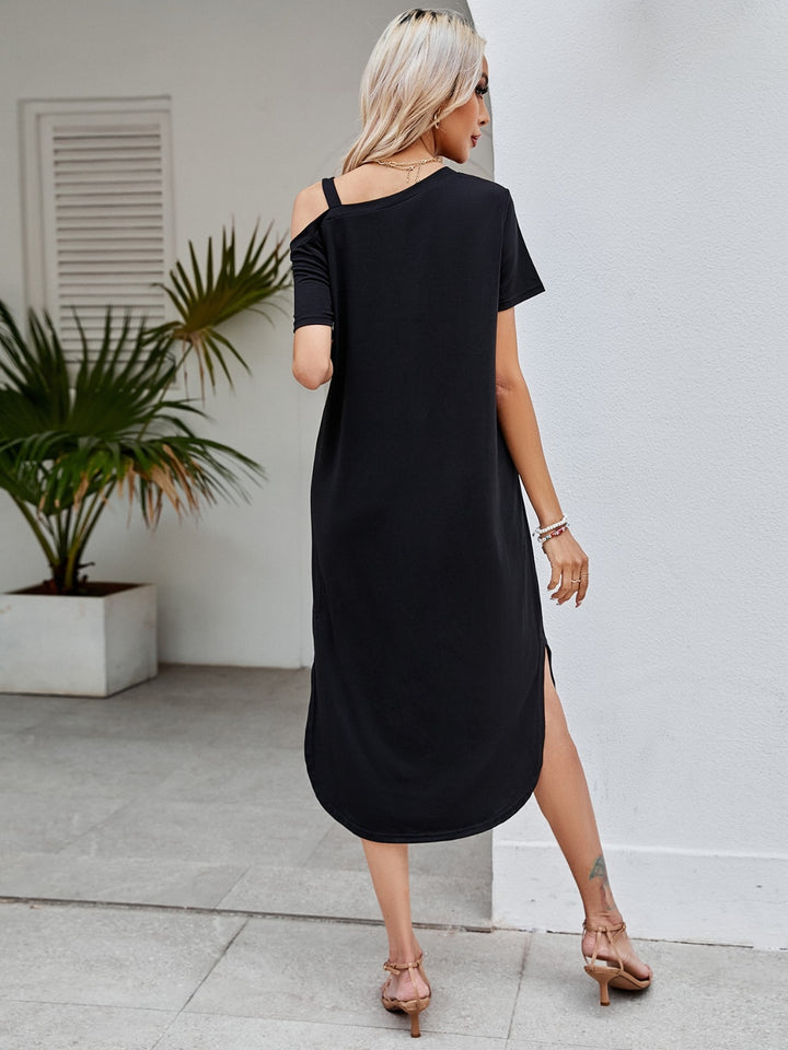 Slit Asymmetrical Neck Short Sleeve Dress | Trendsi