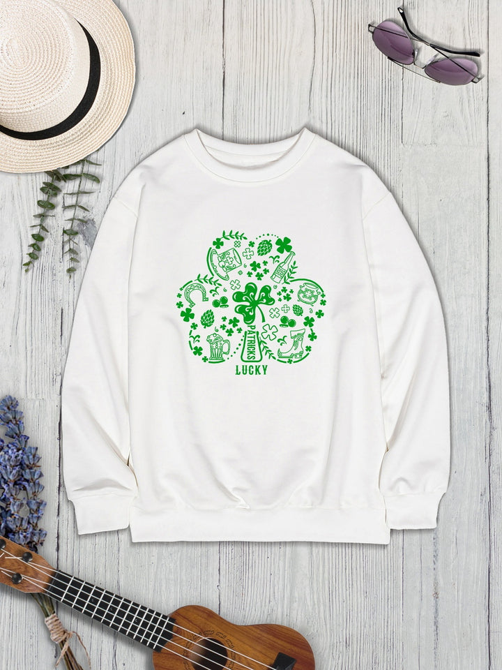 Lucky Clover Round Neck Sweatshirt | Trendsi