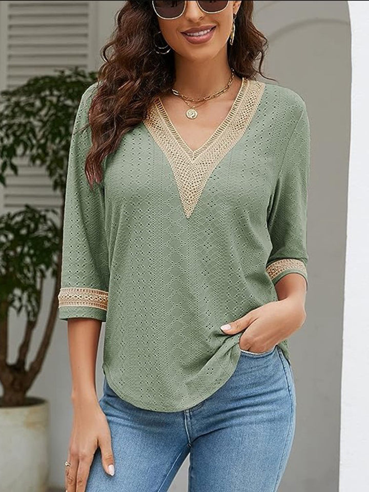 V-Neck Eyelet Blouse | Trendsi