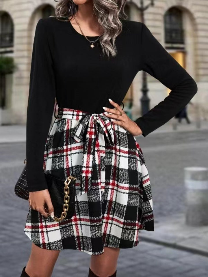 Tied Plaid Round Neck Long Sleeve Dress | Trendsi