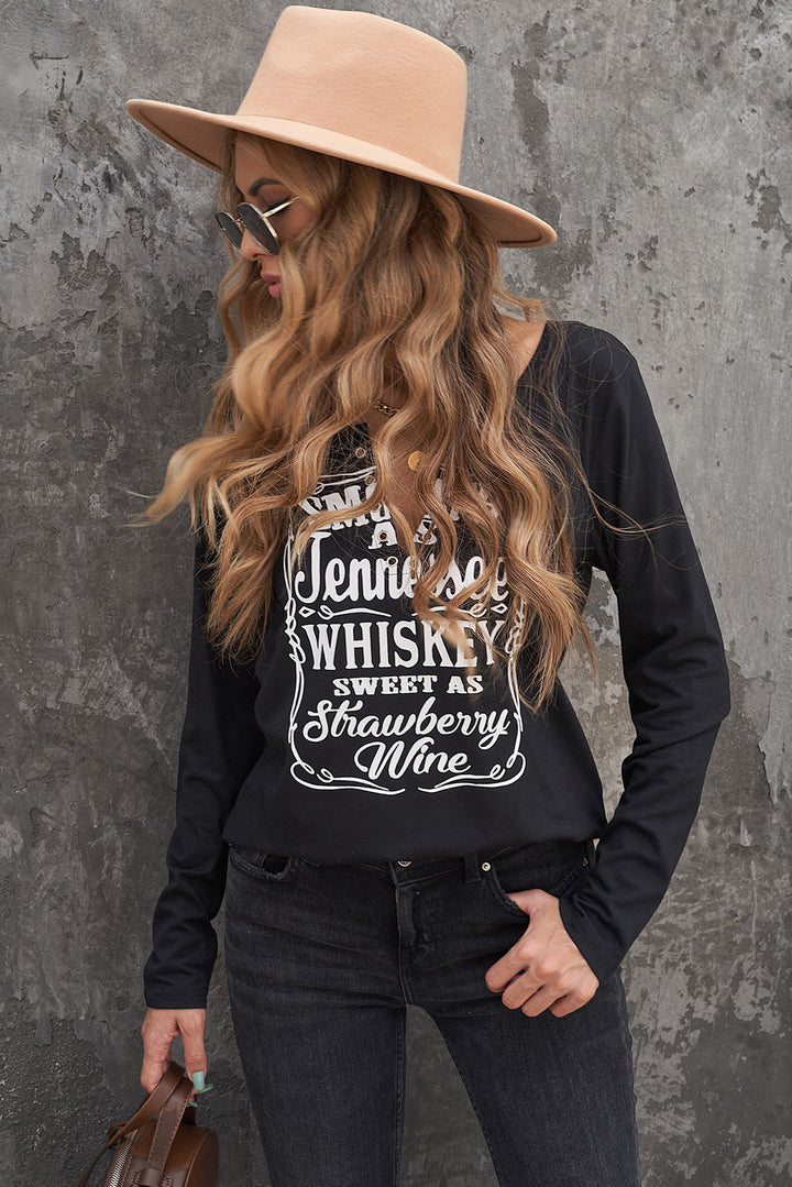 Letter Graphic Notched Long Sleeve T-Shirt | Trendsi