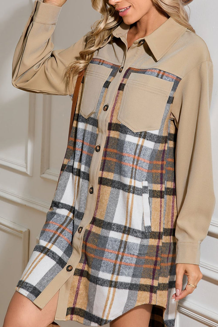 Pocketed Plaid Long Sleeve Mini Shirt Dress | Trendsi