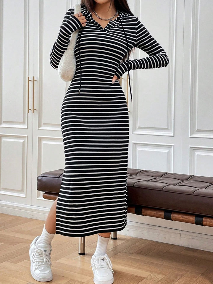 Drawstring Striped Long Sleeve Hooded Dress | Trendsi