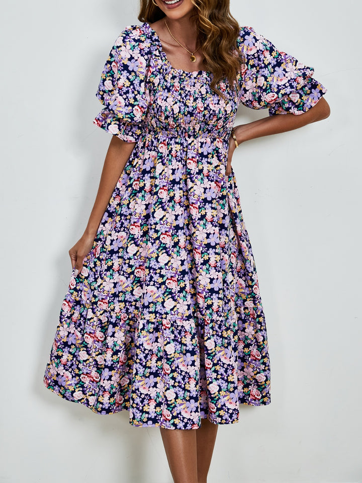 Smocked Floral Square Neck Short Sleeve Dress | Trendsi