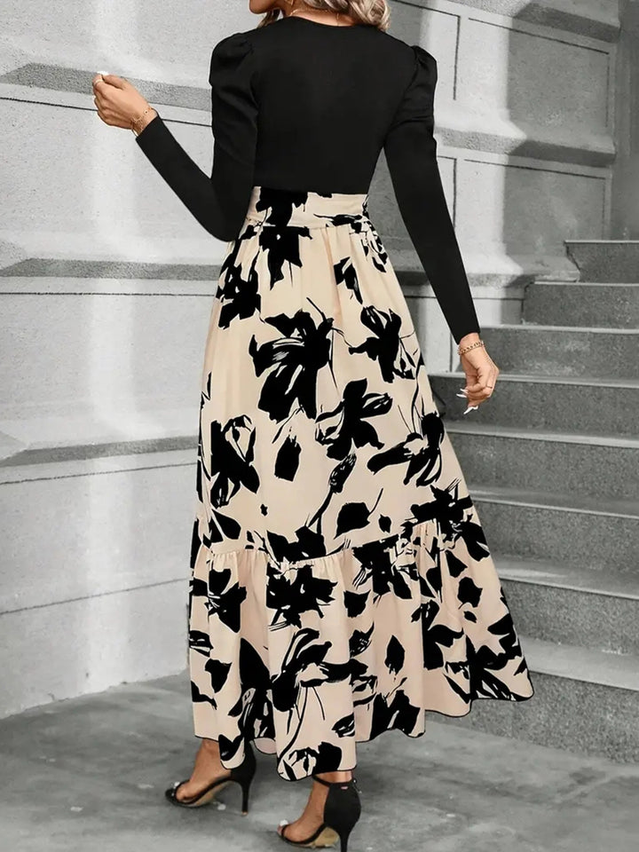 Tied Printed Round Neck Long Sleeve Midi Dress | Trendsi