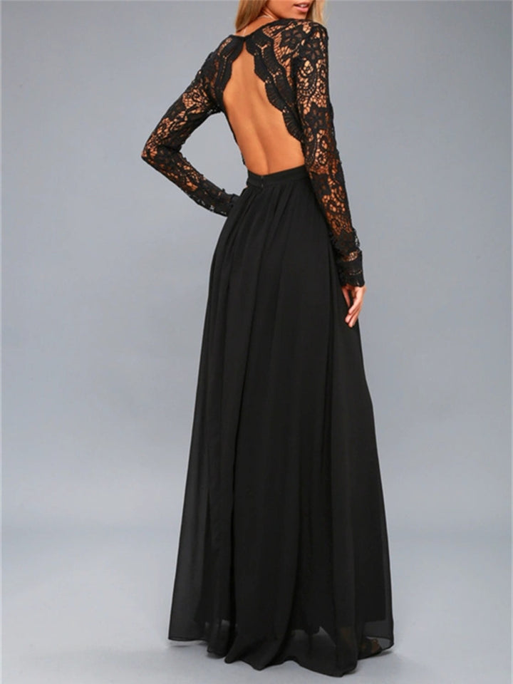 Lace Detail Backless Long Sleeve Maxi Dress | Trendsi