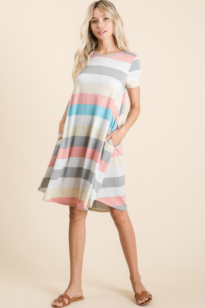 BOMBOM Striped Short Sleeve Dress with Pockets | Trendsi