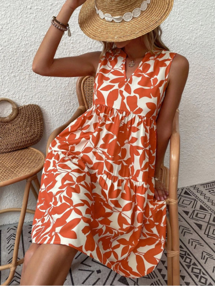 Printed Notched Sleeveless Mini Dress | Trendsi