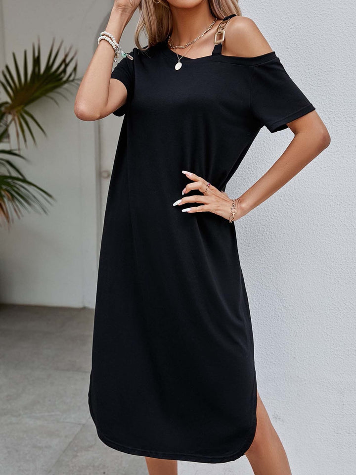 Slit Asymmetrical Neck Short Sleeve Dress | Trendsi