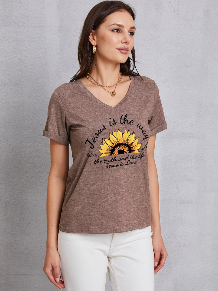 Sunflower V-Neck Short Sleeve T-Shirt | Trendsi