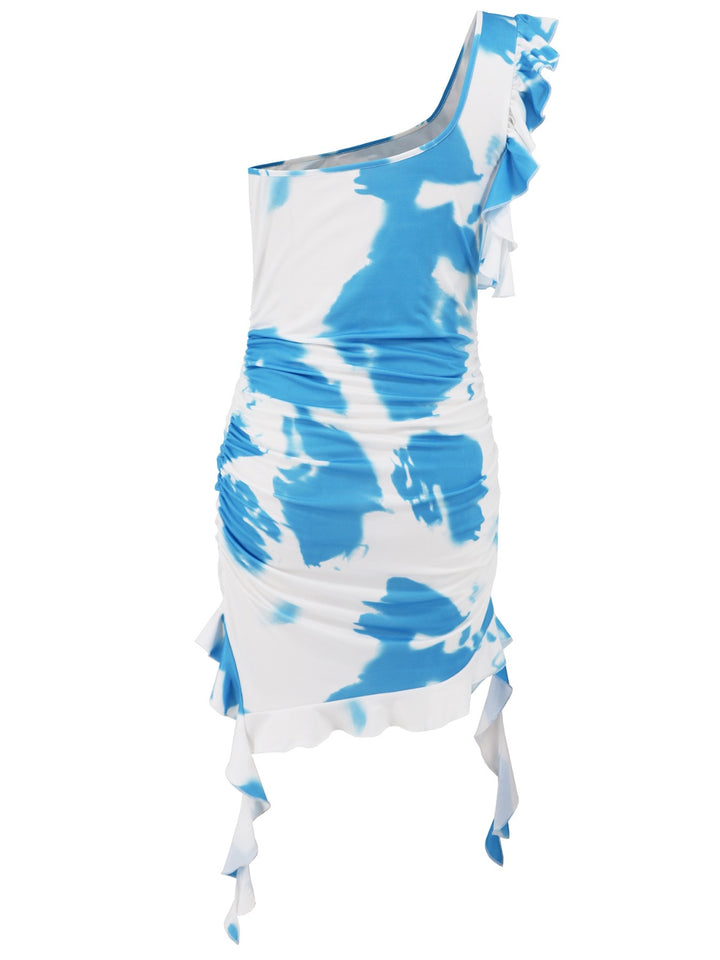 Ruffled Tie-Dye Single Shoulder Mini Dress | Trendsi