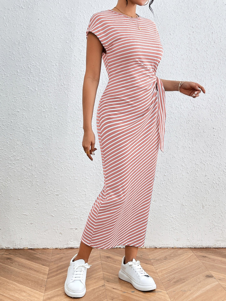 Tied Striped Round Neck Short Sleeve Tee Dress | Trendsi