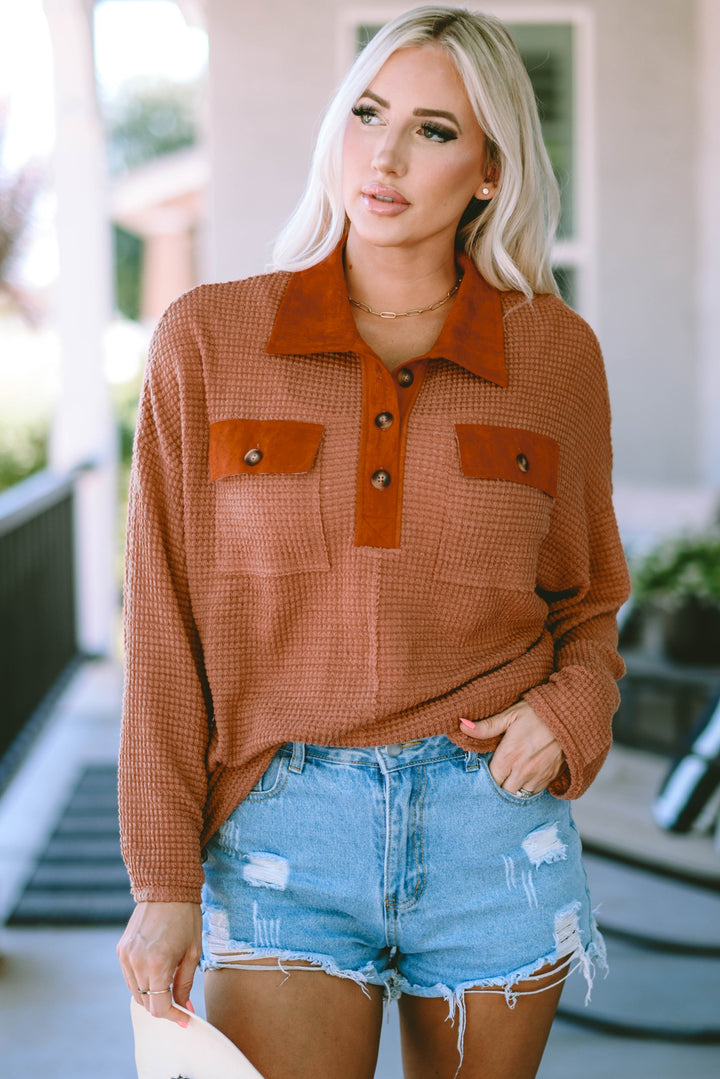 Half-Button Collared Long Sleeve Top | Trendsi