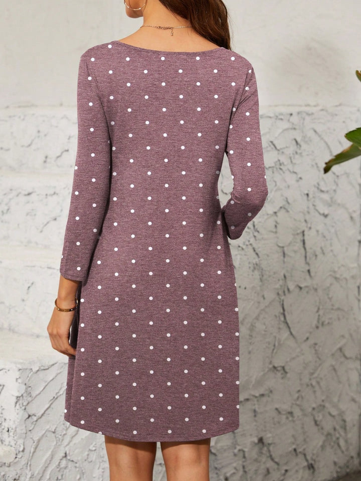 Polka Dot Quarter Zip Long Sleeve Dress | Trendsi