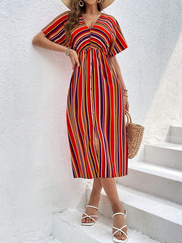 Slit Striped V-Neck Short Sleeve Midi Dress | Trendsi