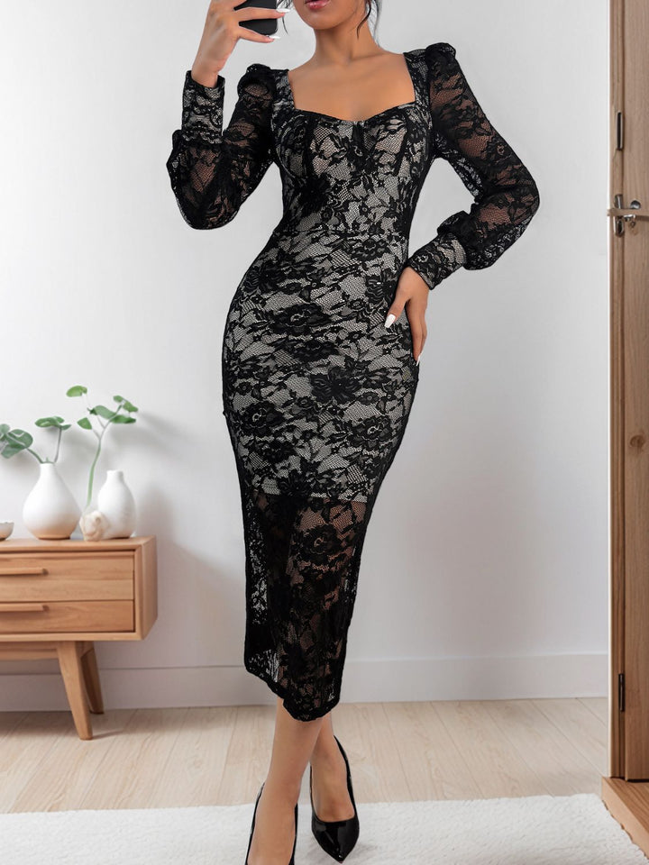 Perfee Lace Sweetheart Neck Long Sleeve Midi Dress | Trendsi