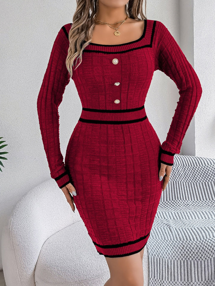 Contrast Trim Long Sleeve Sweater Dress | Trendsi