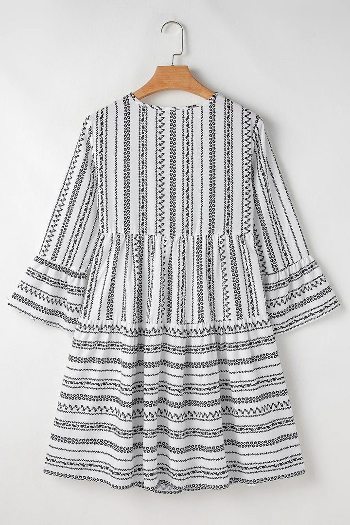 Printed Tie Neck Three-Quarter Sleeve Mini Dress | Trendsi