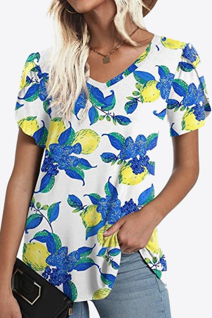 Printed Petal Sleeve V-Neck Blouse | Trendsi