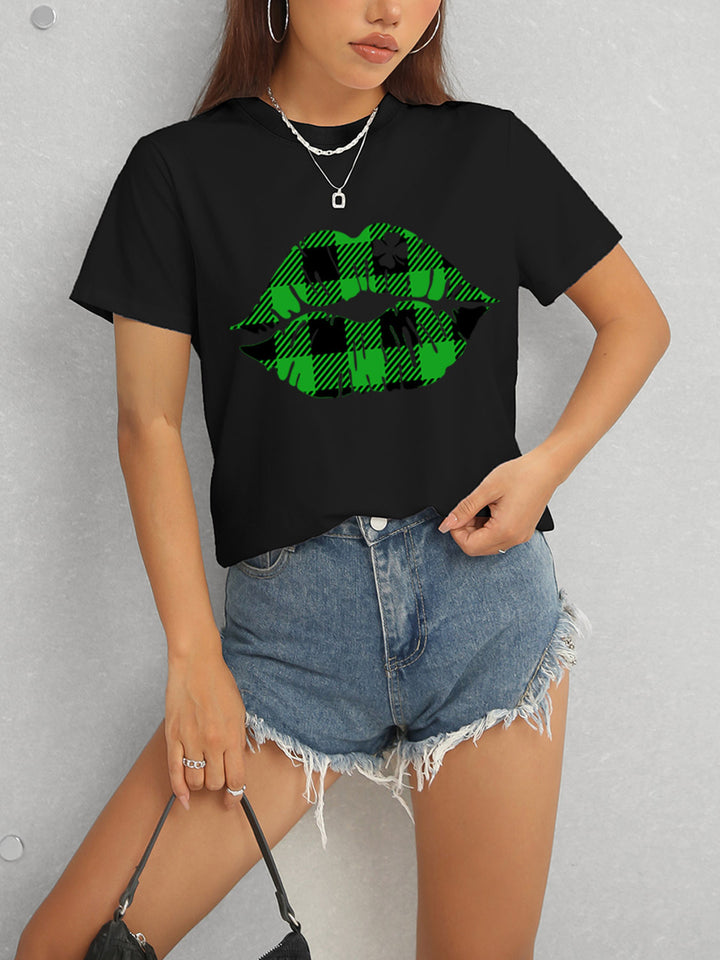 Plaid Lip Graphic Round Neck T-Shirt | Trendsi