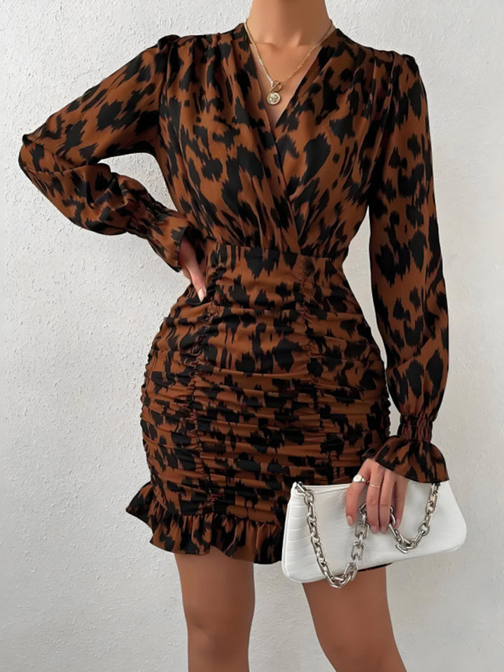 Ruched Ruffled Leopard Surplice Long Sleeve Dress | Trendsi