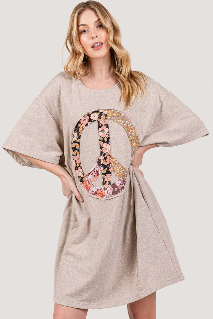 SAGE + FIG Full Size Peace Sign Applique Short Sleeve Tee Dress | Trendsi