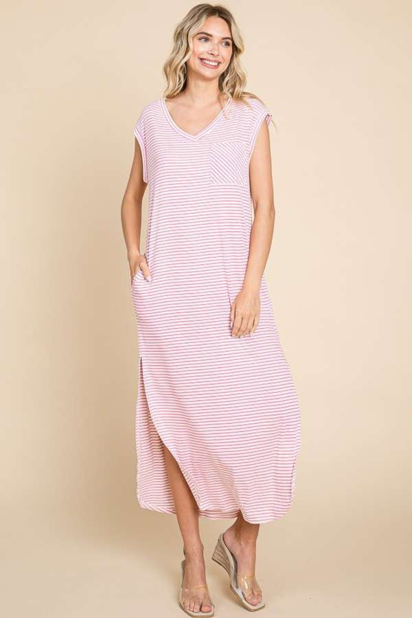 Culture Code Full Size Striped V-Neck Slit Dress with Pockets | Trendsi