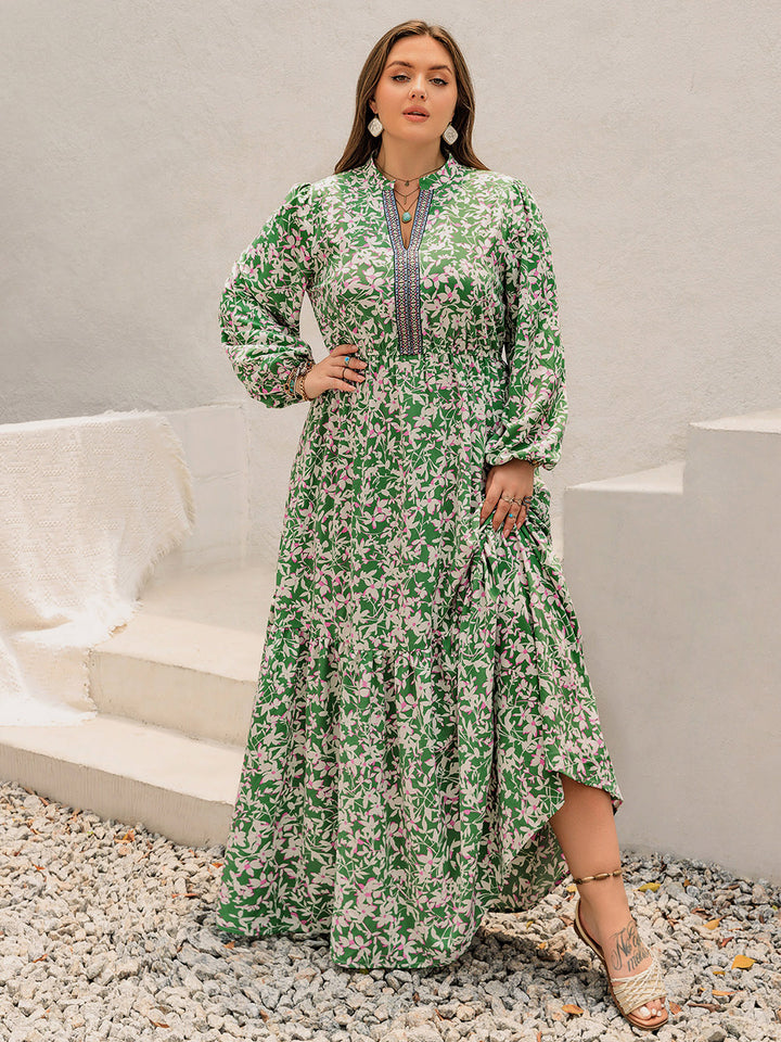 Plus Size Printed Notched Long Sleeve Maxi Dress | Trendsi