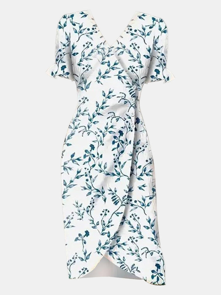 Full Size Printed Surplice Flounce Sleeve Midi Dress | Trendsi