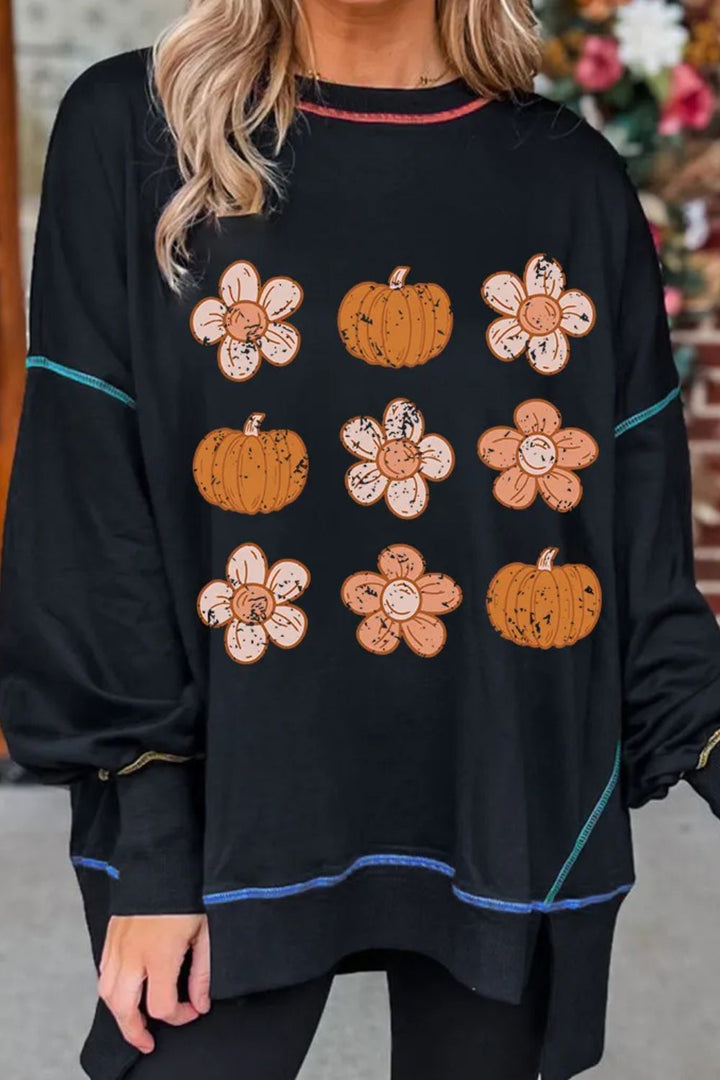 Pumpkin & Flower Graphic Long Sleeve Sweatshirt | Trendsi