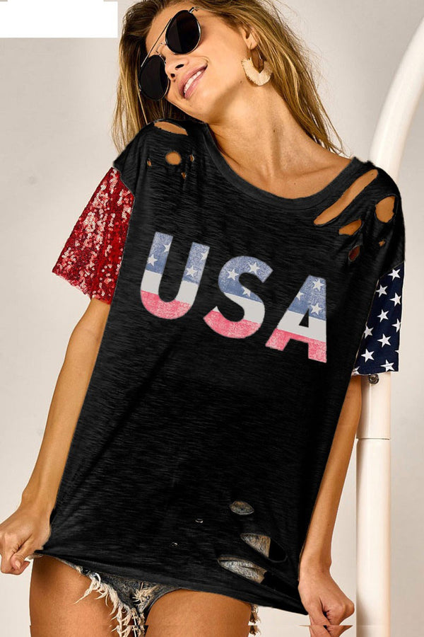 BiBi USA Graphic Short Sleeve Distressed T-Shirt | Trendsi