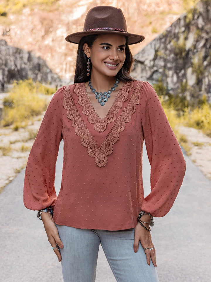 Swiss Dot V-Neck Blouse | Trendsi