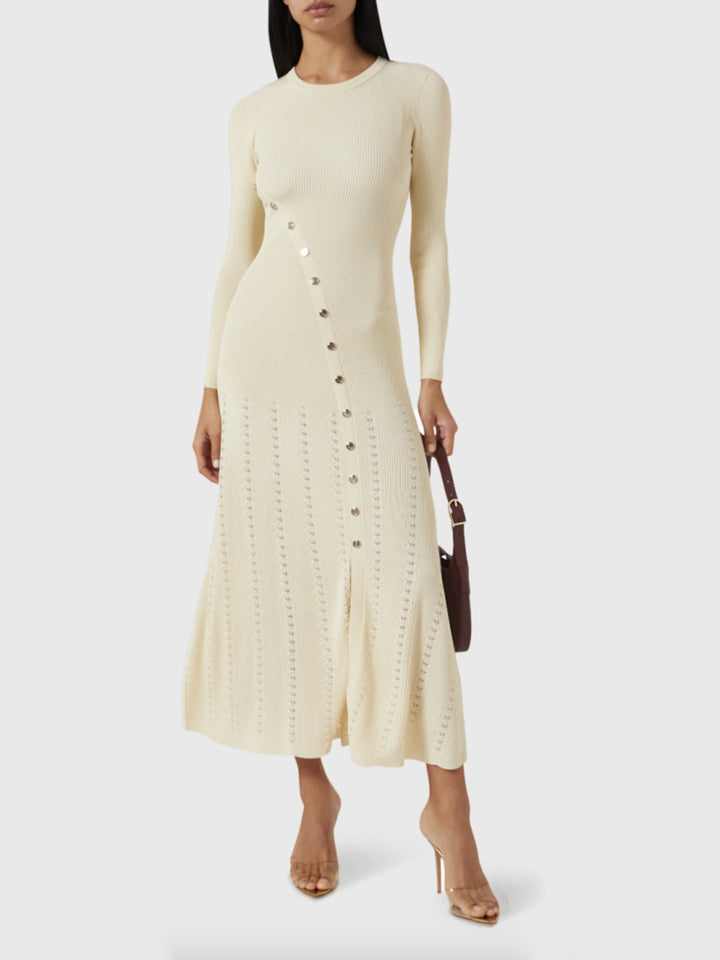 Openwork Round Neck Long Sleeve Sweater Dress | Trendsi