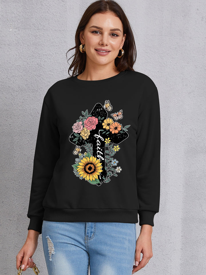 Graphic Round Neck Dropped Shoulder Sweatshirt | Trendsi