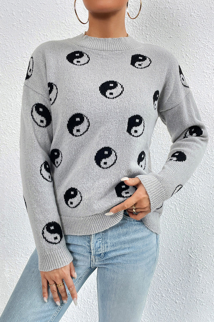 Graphic Mock Neck Dropped Shoulder Sweater | Trendsi