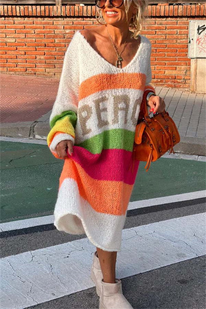 Color Block V-Neck Long Sleeve Sweater Dress | Trendsi