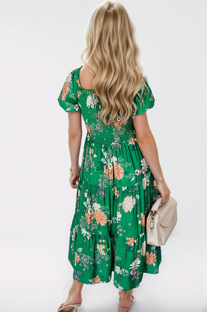 Smocked Printed Puff Sleeve Midi Dress | Trendsi